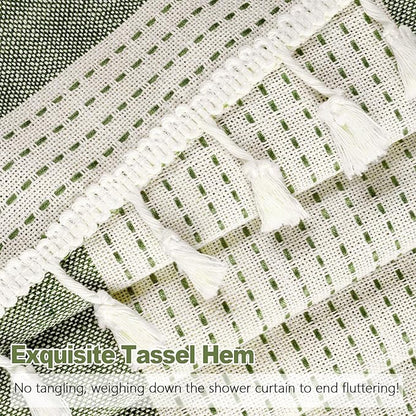 Boho Farmhouse Thick Shower Curtain with Tassels, 350GSM Cotton Linen Soft Fabric Shower Curtain Heavyweight, Sage Green Rustic Country Striped Bathroom Decor Curtain Water Repellent