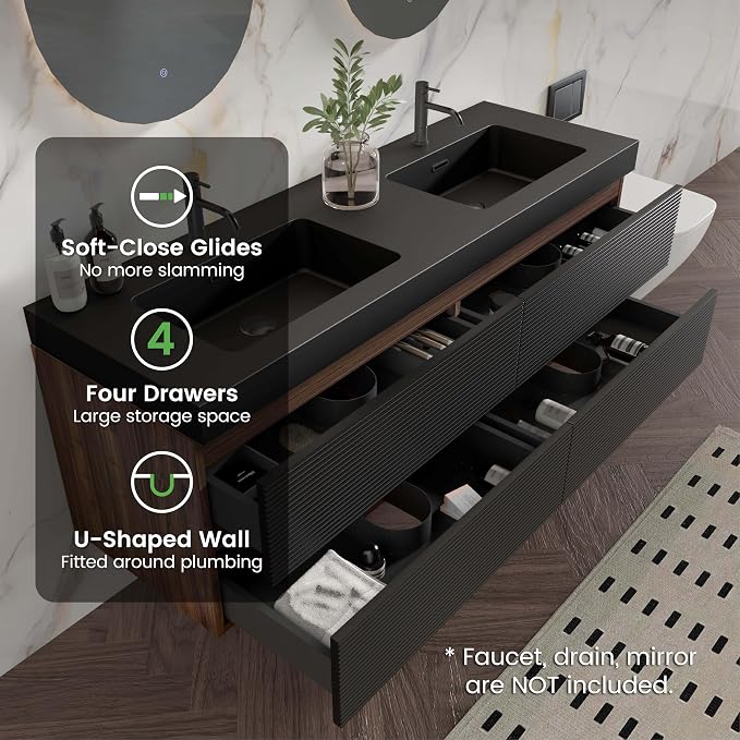 60" Pre-Assembled Floating Vanity with Double Sink, Walnut+Black | Modern Floating Double Sink Bathroom Vanity with Integrated Black Engineered Stone Top & Soft-Closing Drawers