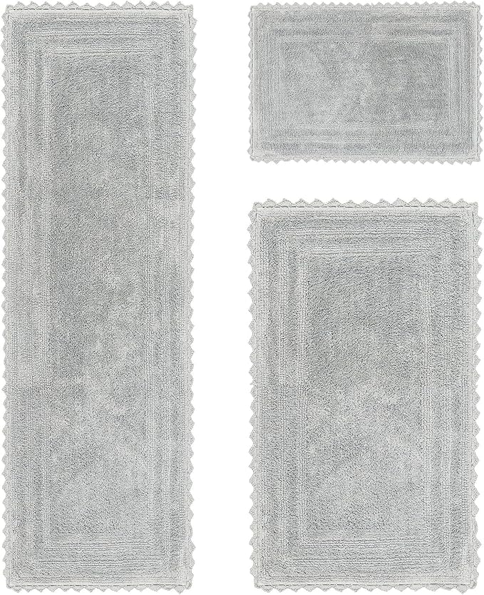 Better Trends 3 Piece Lilly Crochet Large Bath Mat Set 100% Cotton Soft Luxury Runner Bathroom Rug Reversible Absorbent Washable for Bathroom Floor Decor, Bathtub, Gray