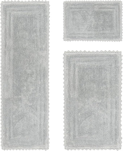 Better Trends 3 Piece Lilly Crochet Large Bath Mat Set 100% Cotton Soft Luxury Runner Bathroom Rug Reversible Absorbent Washable for Bathroom Floor Decor, Bathtub, Gray