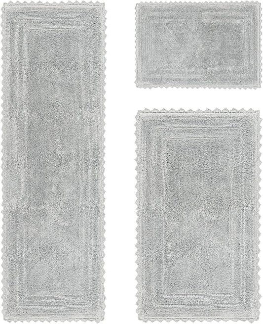 Better Trends 3 Piece Lilly Crochet Large Bath Mat Set 100% Cotton Soft Luxury Runner Bathroom Rug Reversible Absorbent Washable for Bathroom Floor Decor, Bathtub, Gray