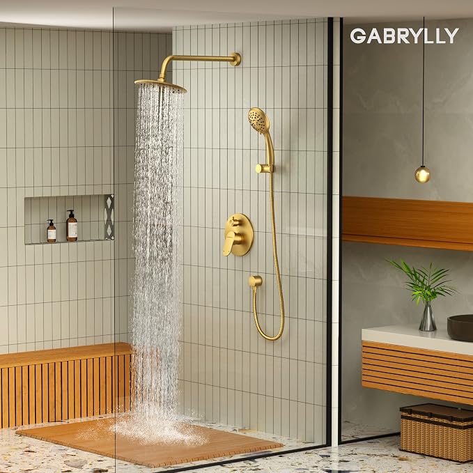 Gabrylly Shower System, 8" Wall Mounted Shower Faucet Set, Brushed Gold | Rain Shower Head with Handheld Spray Combo, All Metal Rainfall Shower Head Complete Set Shower Mixer Valve for Bathroom
