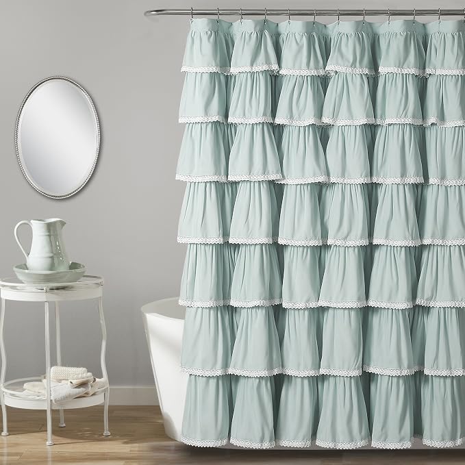 Lush Decor Lace Ruffle Shower Curtain Single 72" W x 72" L Blue - Blue Shower Curtains for Bathroom - Ruffle Bathroom Curtain - Coquette Bathroom Decor