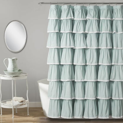Lush Decor Lace Ruffle Shower Curtain Single 72" W x 72" L Blue - Blue Shower Curtains for Bathroom - Ruffle Bathroom Curtain - Coquette Bathroom Decor