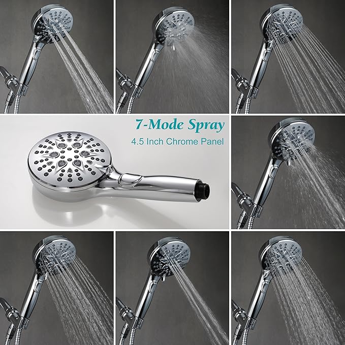 GwernKB Handheld Shower Head with ON OFF Switch & 79in Stainless Steel Hose | Built-in Power Spray,7-Setting High Pressure Spray with Bracket & Extra No Drilling Wall Shower Holder for Lower Mount,Silver