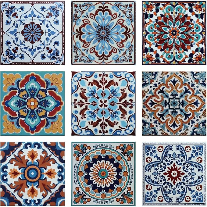 36Pcs 9 Styles Mexican Peel and Stick Tiles 4 x 4 Inch Colorful Tile Stickers Square Flower Pattern Waterproof PVC Decals for Kitchen Bathroom Backsplash Furniture Staircase DIY Home Decor