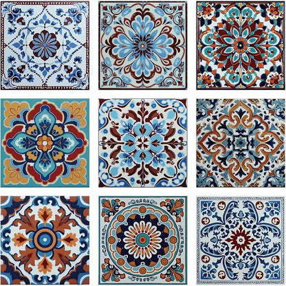 36Pcs 9 Styles Mexican Peel and Stick Tiles 4 x 4 Inch Colorful Tile Stickers Square Flower Pattern Waterproof PVC Decals for Kitchen Bathroom Backsplash Furniture Staircase DIY Home Decor