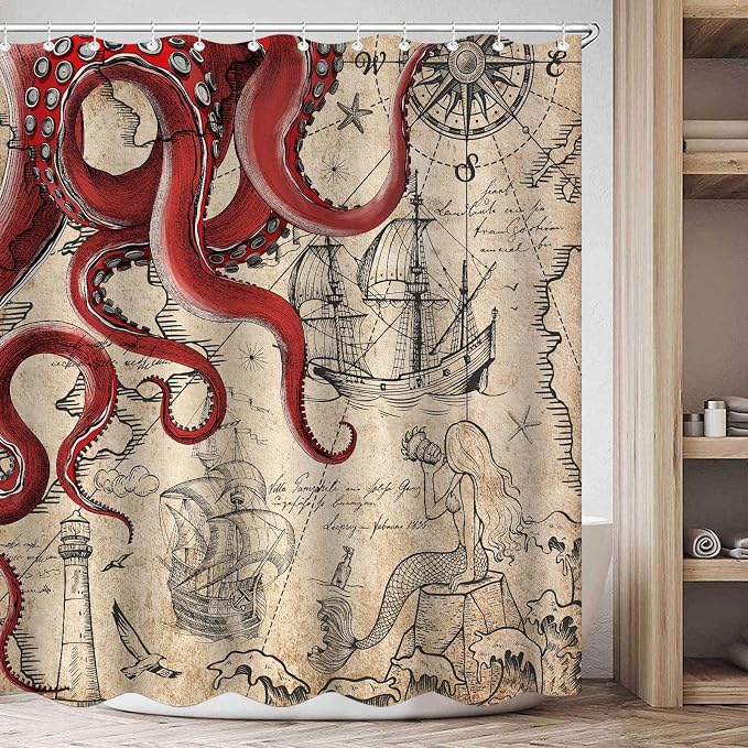 Fungarth Long Vintage Red Nautical Octopus Shower Curtain Mermaid Funny Ocean Kraken Shower Curtains for Bathroom Cool Anchor Coastal Map Waterproof Fabric Bath Curtain Decor (Retro1, 72” x 78”)