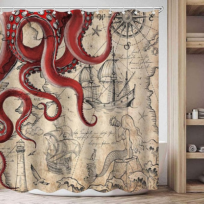 Fungarth Long Vintage Red Nautical Octopus Shower Curtain Mermaid Funny Ocean Kraken Shower Curtains for Bathroom Cool Anchor Coastal Map Waterproof Fabric Bath Curtain Decor (Retro1, 72” x 78”)