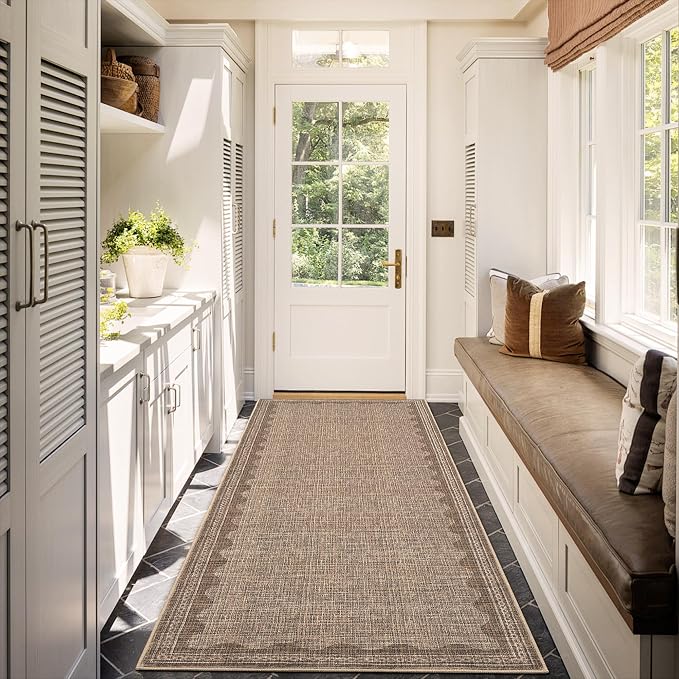 Garvee 2x6 Runner Rug Washable Hallway Runner Rug Bordered Rugs Coffee | Soft Touch Non Slip Non-Shedding Low Pile Stain-Resistant Foldable Long Indoor Carpet for Entryway Laundry Kitchen Bathroom
