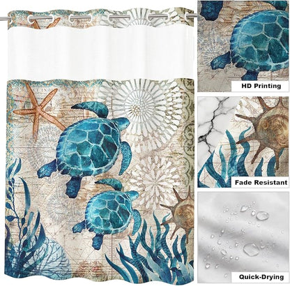 Ocean Beach Coastal Sea Turtles Theme No Hook Waffle Weave Shower Curtain with Snap in Liner Rustic Tropical Bathroom Decor Set 36 W x 74 H Inch Teal Blue