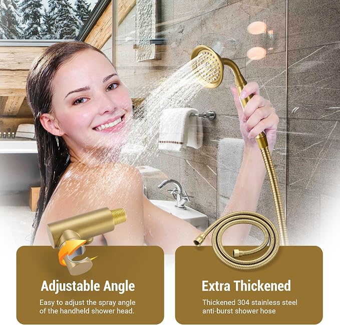 DASAN Rain Shower System Complete Antique Shower Faucet Sets, Shower Fixtures Combo with Pressure Balance Valve, Trim Kit, 9'' Rainfall Overhead Shower & Handheld, Color Brushed Gold AT209W-BTG