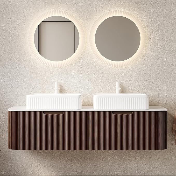 Yayzy 60" Floating Bathroom Vanity with Sink, Solid Wood Fluted Cabinet, White Fluted Square Ceramic Basin & Faux Marble Top, Soft-Close Drawer, Pre-Assembled, Walnut Woodgrain
