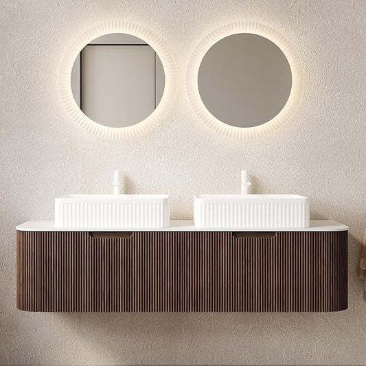 Yayzy 60" Floating Bathroom Vanity with Sink, Solid Wood Fluted Cabinet, White Fluted Square Ceramic Basin & Faux Marble Top, Soft-Close Drawer, Pre-Assembled, Walnut Woodgrain