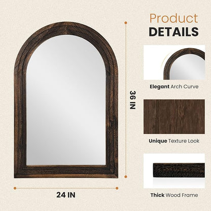 Arched Bathroom Mirror, 36"x24" Brown Wood Frame Wall Mirror | Farmhouse Vintage Vanity Mirror with Layered Frame for Entryway, Living Room, Bedroom