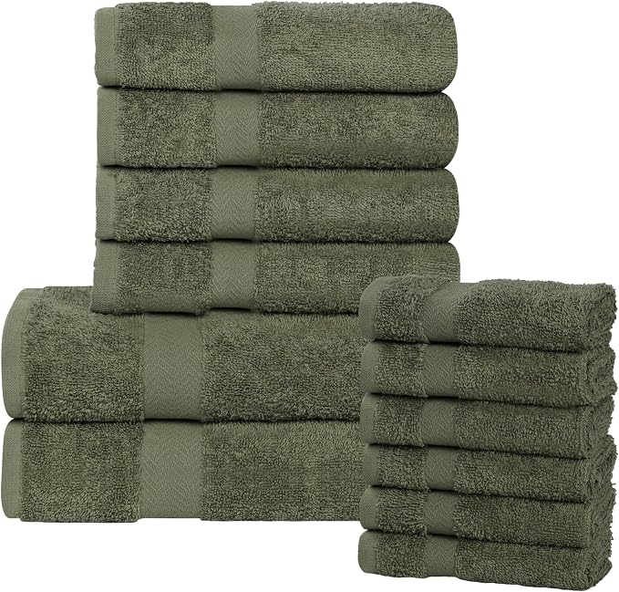 Superior 12-Piece Cotton Assorted Towel Set, Includes 6 Face Towel, 4 Hand, and 2 Bath Towels, Home, Bathroom, Guest Bath Essentials, Quick Dry, Absorbent, Franklin Collection - Forest Green