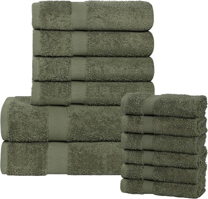 Superior 12-Piece Cotton Assorted Towel Set, Includes 6 Face Towel, 4 Hand, and 2 Bath Towels, Home, Bathroom, Guest Bath Essentials, Quick Dry, Absorbent, Franklin Collection - Forest Green