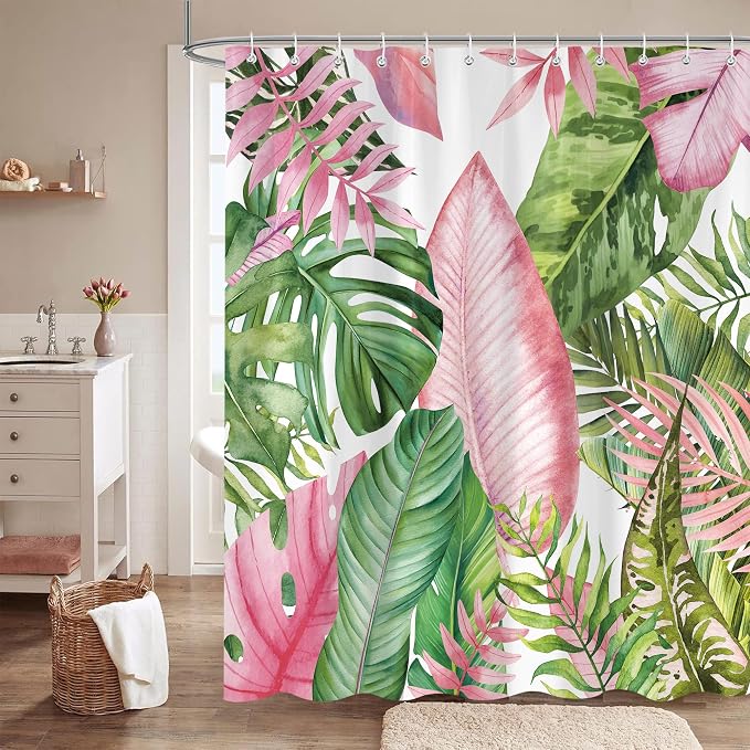 Botanical Shower Curtain Tropical Green Pink Leaves Watercolor Bathroom Curtain with Hooks, Waterproof Fabric 72 x 72 Inch