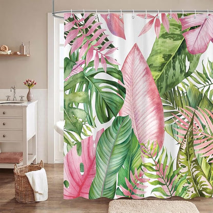 Botanical Shower Curtain Tropical Green Pink Leaves Watercolor Bathroom Curtain with Hooks, Waterproof Fabric 72 x 72 Inch