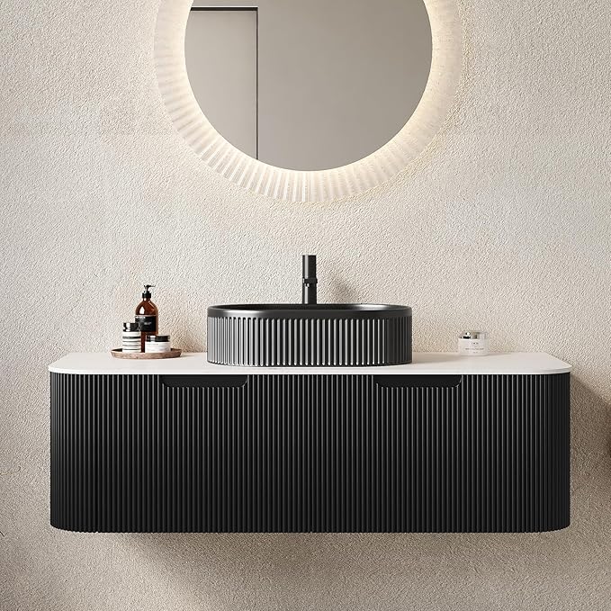Yayzy 48" Floating Bathroom Vanity with Sink, Solid Wood Fluted Cabinet, Black Fluted Oval Ceramic Basin & Faux Marble Top, Soft-Close Drawer, Pre-Assembled, Gloss Black