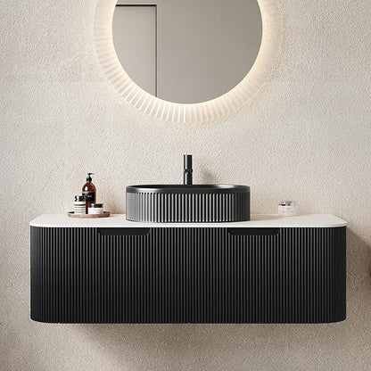Yayzy 48" Floating Bathroom Vanity with Sink, Solid Wood Fluted Cabinet, Black Fluted Oval Ceramic Basin & Faux Marble Top, Soft-Close Drawer, Pre-Assembled, Gloss Black