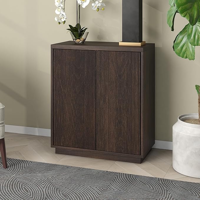 Henn&Hart 28" Fluted Wooden Accent Cabinet, Ribbed Modern Sideboard Buffet Cabinet with 2 Doors and an Adjustable Shelf for Living Room, Dining Room, Bedroom or Entryway, Warm Brown