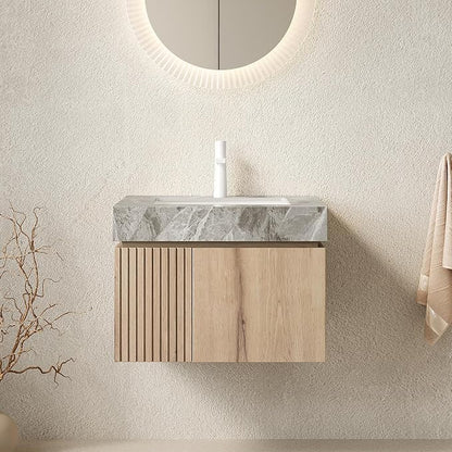 KEIKI 24 Inch Floating Bathroom Vanity with Sink, White Oak & Grey | Modern Wall Mounted Storage Cabinet with 2 Doors, Pre-assembled Wood Panels, Sintered Stone Top & Ceramic Basin Combo Set