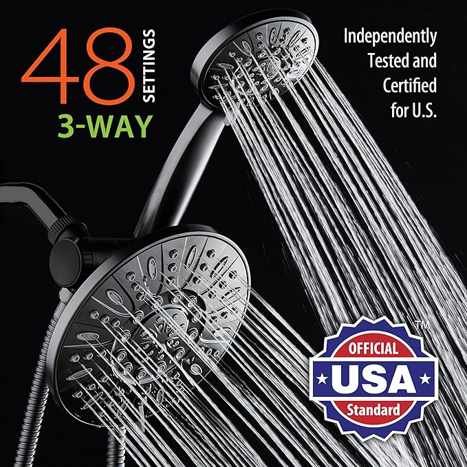 AquaDance 7" Premium High Pressure 3-way Rain & Handheld Shower Head Combo | Enjoy Dual 6-Setting Luxury Shower Heads Separately or Together for the Best of Both Worlds! Stainless Steel Hose - Black