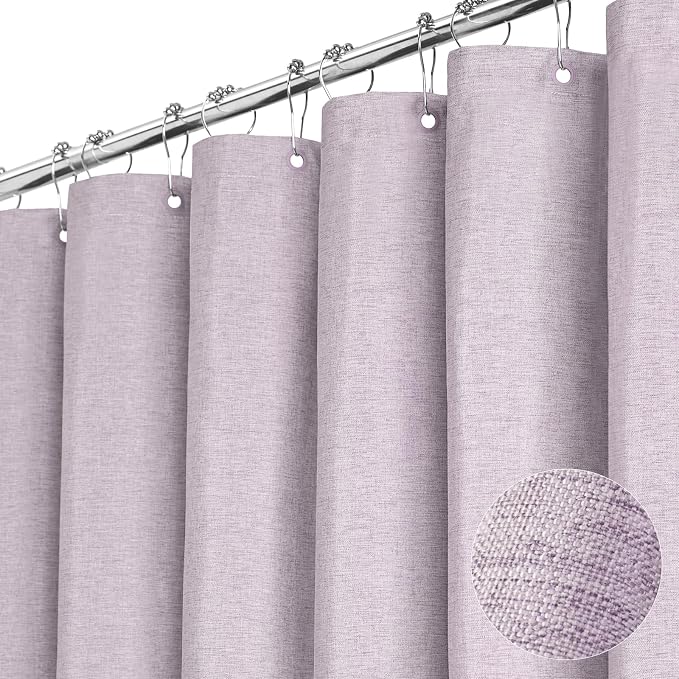 72x80 Linen Textured Waterproof Fabric Shower Curtain Set, Lavender | Long Size, 230GSM Polyester, Heavy Duty Cloth, Weighted Hem, 12 Plastic Hooks, Modern Luxury Hotel Style, Machine Washable