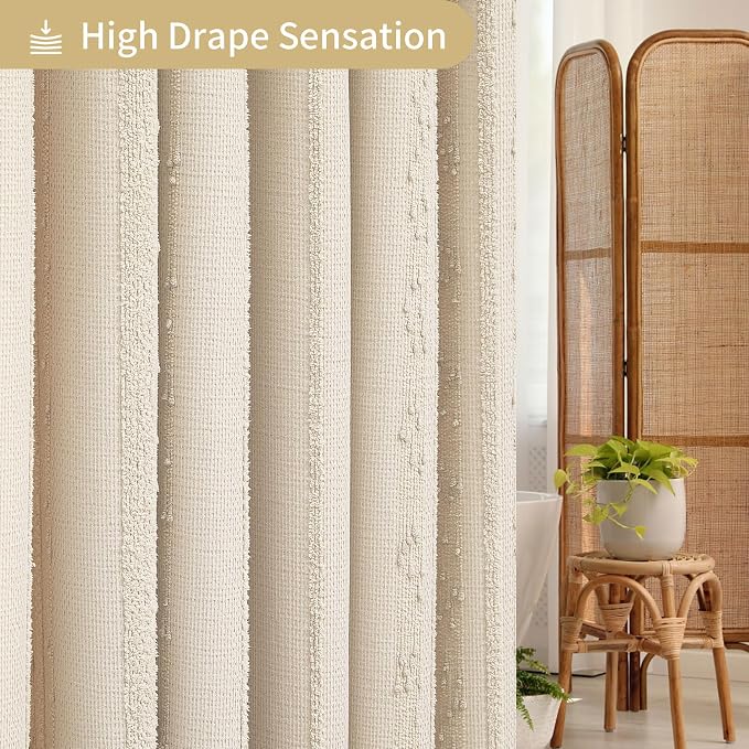 Beige Shower Curtain Boho, 72 x 72 Cotton Blend Waffle Weave Stripe Textured Heavy Duty, Fabric Shower Curtain for Bathroom, Hotel, Washable
