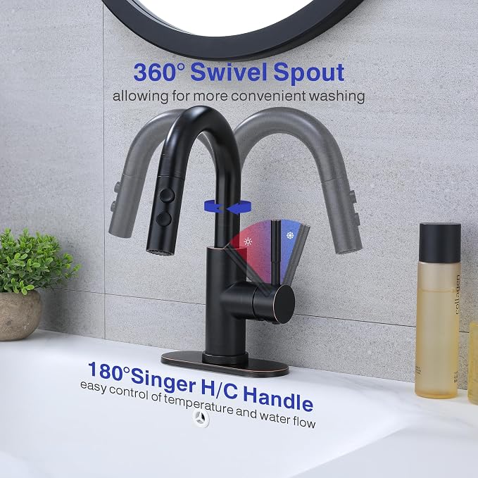 Bathroom Faucet with Sprayer, Oil Rubbed Bronze Single Hole Pop-Up Drain | Kablle Single Handle Pull Out 1 or 3 Hole Laundry Bar Basin Faucet with Deck Plate, KBL-7002ORB-CL