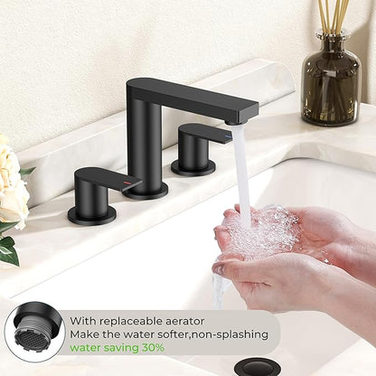 FORIOUS Matte Black Bathroom Faucets 3 Hole, 8 Inch Widespread Bathroom Sink Faucet with Pop-up Drain and Cupc Supply Lines, 2-Handle for Vanity, Hotel Restroom