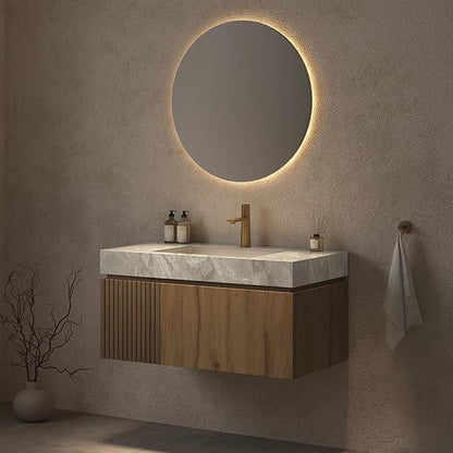 Ambrovina 36" Floating Bathroom Vanity with Sink, Modern Plywood Bathroom Storage Cabinet with Drawer and Door, Gray Sintered Stone Countertop and White Ceramic Basin, Pre-Assembled, Light Oak