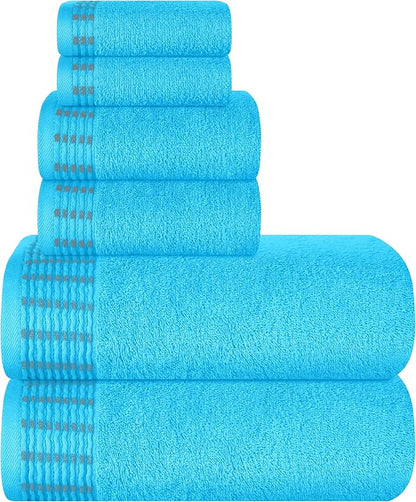 Ultra Soft 6 Pack Cotton Towel Set, Contains 2 Bath Towels 28x55 inch, 2 Hand Towels 16x24 inch & 2 Wash Cloths 12x12 inch, Ideal Everyday use, Compact & Lightweight - Turquoise Blue