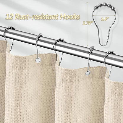 Beige Fabric Shower Curtain - Waffle Textured Heavy Duty Shower Curtains for Bathroom, 256GSM Hotel Spa Luxury Weighted Bath Curtain with 12 Hooks, 72x84, Beige