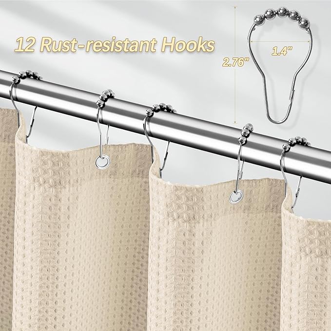 Beige Fabric Shower Curtain - Waffle Textured Heavy Duty Shower Curtains for Bathroom, 256GSM Hotel Spa Luxury Weighted Bath Curtain with 12 Hooks, 72x90, Beige