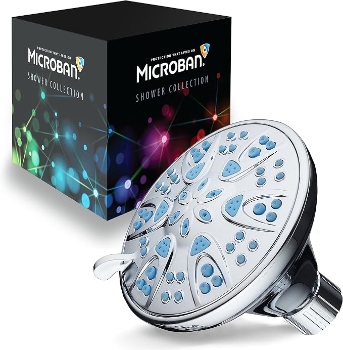 AquaDance Antimicrobial – Anti-Clog High-Pressure 6-Setting Head with Microban Nozzle Protection from Growth of Mold, Mildew & Bacteria for Stronger Shower 4", Aqua Blue Jets – 1.8 GPM
