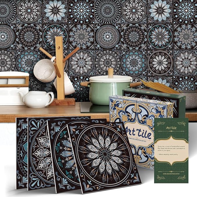 6X6 in Mandala Tile Stickers,12Pcs Wall Tile Decals | 1.6mm-Thick Foam+PE Tiles,Self Adhesive Backsplash Tile,Waterproof Removable Wall Decor for Kitchen,Bathroom