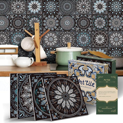 6X6 in Mandala Tile Stickers,12Pcs Wall Tile Decals | 1.6mm-Thick Foam+PE Tiles,Self Adhesive Backsplash Tile,Waterproof Removable Wall Decor for Kitchen,Bathroom