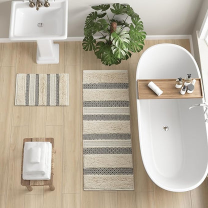 INK+IVY Bath Rug Hand-Woven Texture Shaggy Striped Soft & Water Absorbent, Boho Bathroom Décor Bath-Mats, Non-Slip Absorbent Quick Dry Mats for Tub, Shower Room, Asher, 20x32, Black 1 Piece