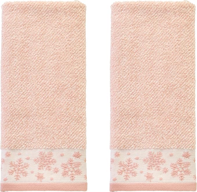SKL Home Christmas/Winter Heather Snowflake Hand Towel Set-2pc, Blush Pink | 100% Cotton. 500 GSM. Plush & absorbent jacquard. Great for the bathroom, kitchen or bar & gifting.