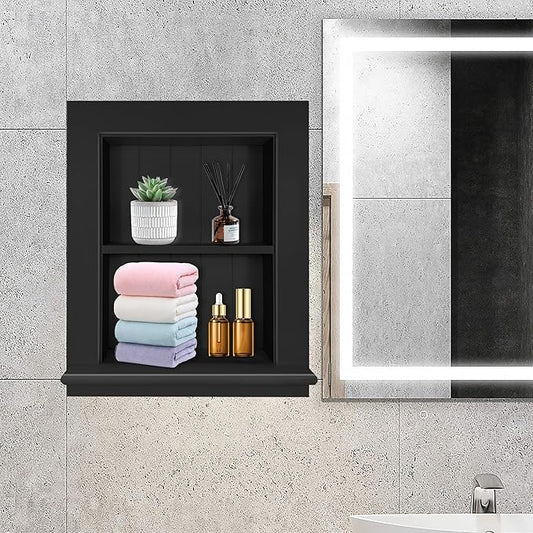 Royxen Recessed Medicine Cabinet 13.8 x 17.8 Inch, Medicine Cabinets, Large Medicine Cabinet, 2-Tier Bathroom Cabinets Wall Mount for Home Storage, Black