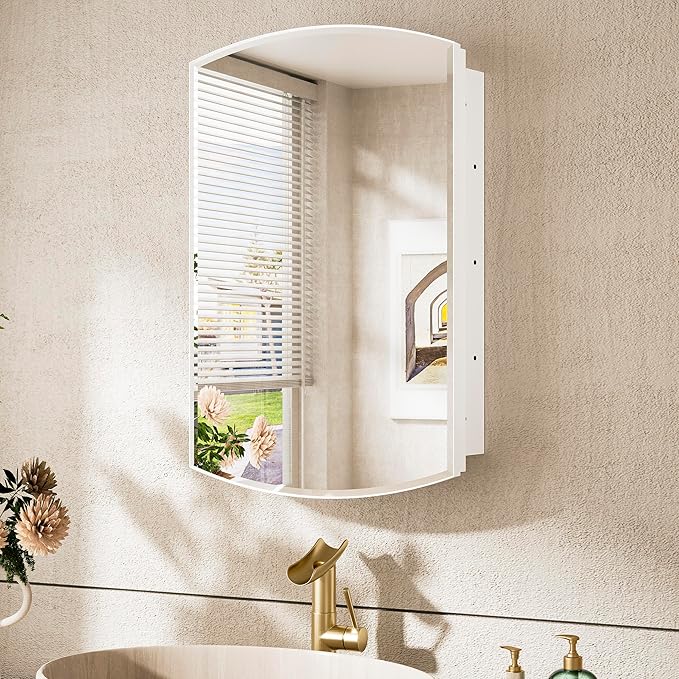 TokeShimi 16 x 26 Oval Bathroom Medicine Cabinet with Mirror Beveled, White Arched Medicine Cabinet with Mirrored, Recessed or in Wall Mirror with Storage Metal Modern