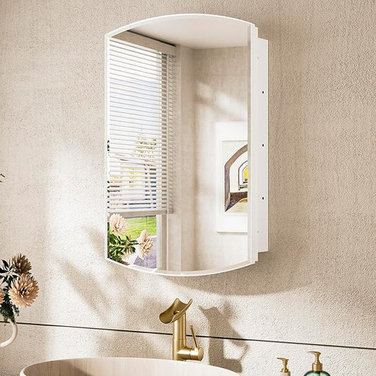 TokeShimi 16 x 26 Oval Bathroom Medicine Cabinet with Mirror Beveled, White Arched Medicine Cabinet with Mirrored, Recessed or in Wall Mirror with Storage Metal Modern