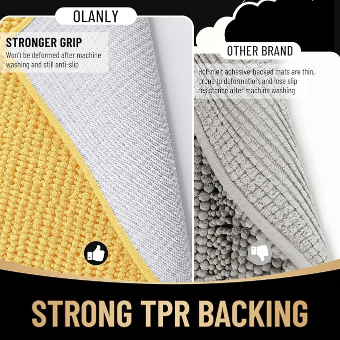 OLANLY Thick Chenille Bathroom Rugs 36x24, Soft Absorbent Bath Mat, Yellow | Bath Rugs, Rubber Backing, Machine Wash Dry, Bath Mats for Bathroom Floor, Tub and Shower, Home Decor Accessories