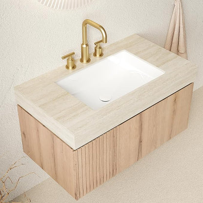 Ambrovina 36" Floating Bathroom Vanity with Sink, Wall Mounted Storage Vanities with Drawer and Door, Roma Travertine-Pattern Countertop and 3 Pre-drilled Faucet Holes Ceramic Basin, Light Oak