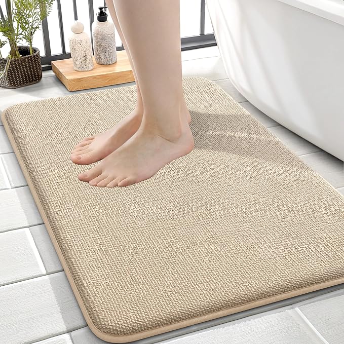 OLANLY Memory Foam Small Bathroom Rugs 24x16, Absorbent Bath Mat, Beige | Soft Quick Dry Bath Rugs, Non-Slip Carpet, Machine Washable Mat for Bathroom Floor, Tub and Shower, Home Decor Accessories