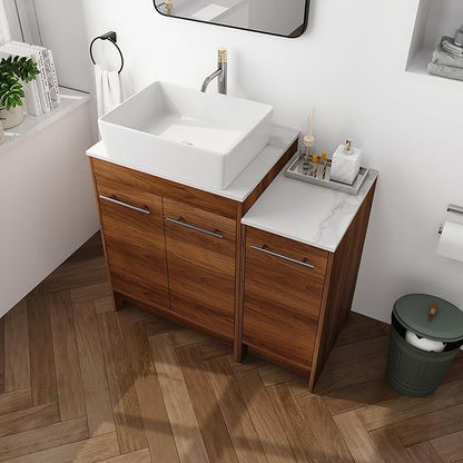 36" Bathroom Vanity, 36 Inch Freestanding Vanity with Ceramic Vessel Sink, Modern Single Sink Bathroom Vanity Combo, Brown Floor Stand Storage Cabinet Set (BRE110, 36 * 18)
