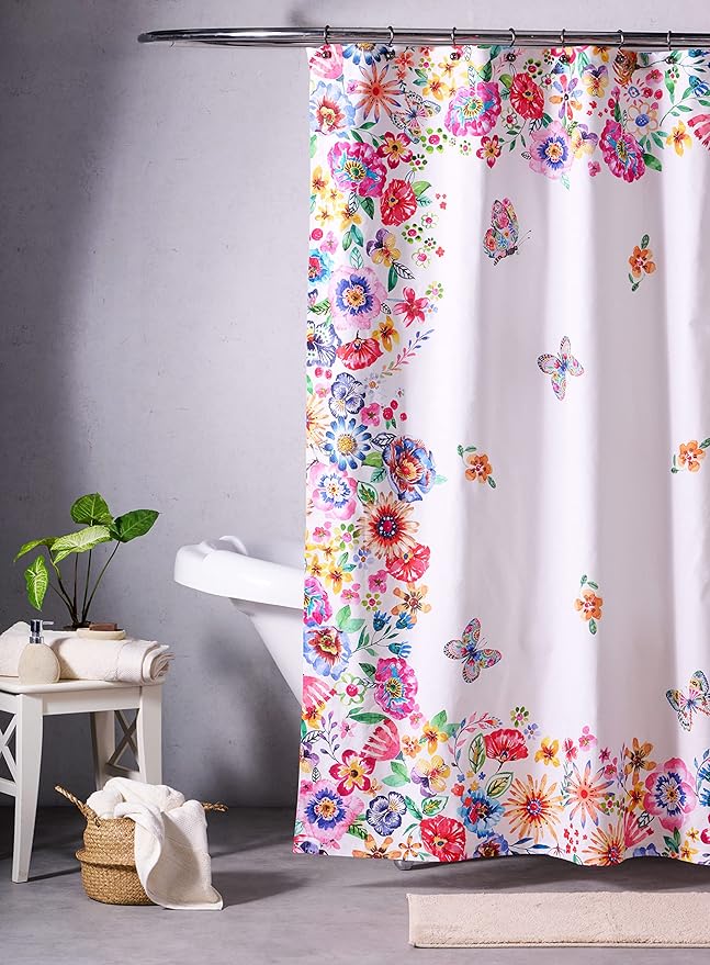 Maison d' Hermine Shower Curtain 100% Cotton One Panel 70"x72" Washable Fabric Shower Curtains for Bathroom, Easy Hanging with 12 Button Holes - Spa Easter Gifts (Happy Florals - High Summer)