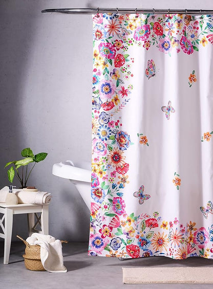 Maison d' Hermine Shower Curtain 100% Cotton One Panel 70"x72" Washable Fabric Shower Curtains for Bathroom, Easy Hanging with 12 Button Holes - Spa Easter Gifts (Happy Florals - High Summer)
